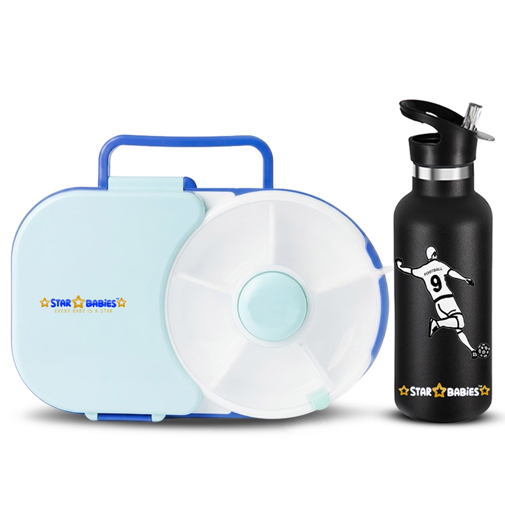 Star Babies - 8 Compartment Spinner Lunch Box And Football Water Bottle - Multicolor - 500 ml