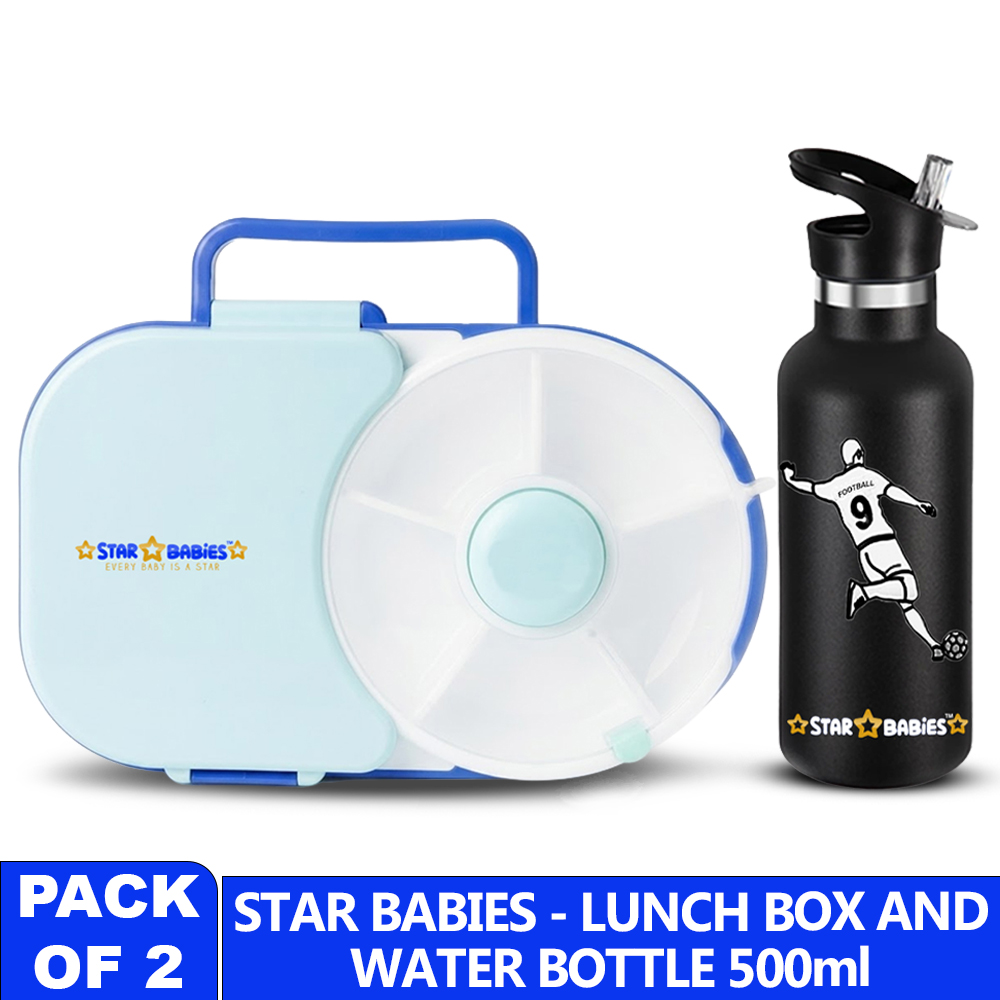 Star Babies - 8 Compartment Spinner Lunch Box And Football Water Bottle - Multicolor - 500 ml