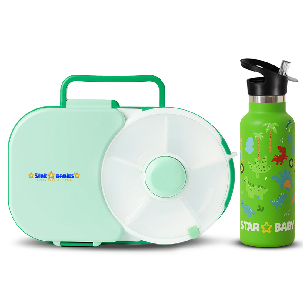 Star Babies - 8 Compartment Spinner Lunch Box And Jungle Water Bottle - Green - 500 ml