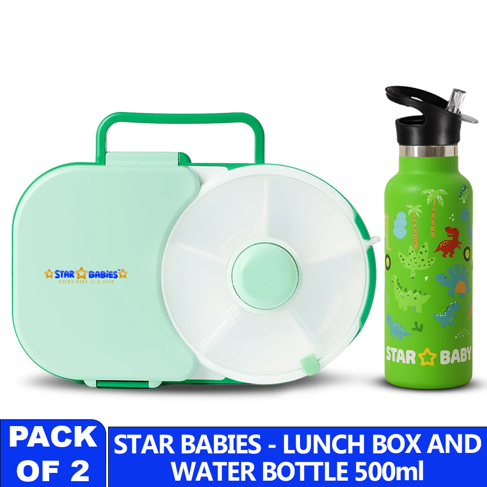 Star Babies - 8 Compartment Spinner Lunch Box And Jungle Water Bottle - Green - 500 ml