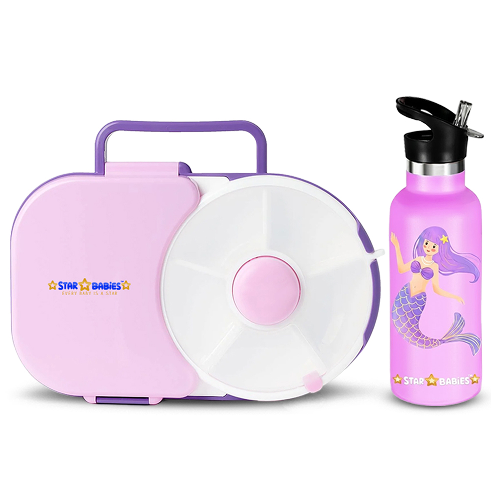 Star Babies - 8 Compartment Spinner Lunch Box And Mermaid Water Bottle - Purple - 500 ml