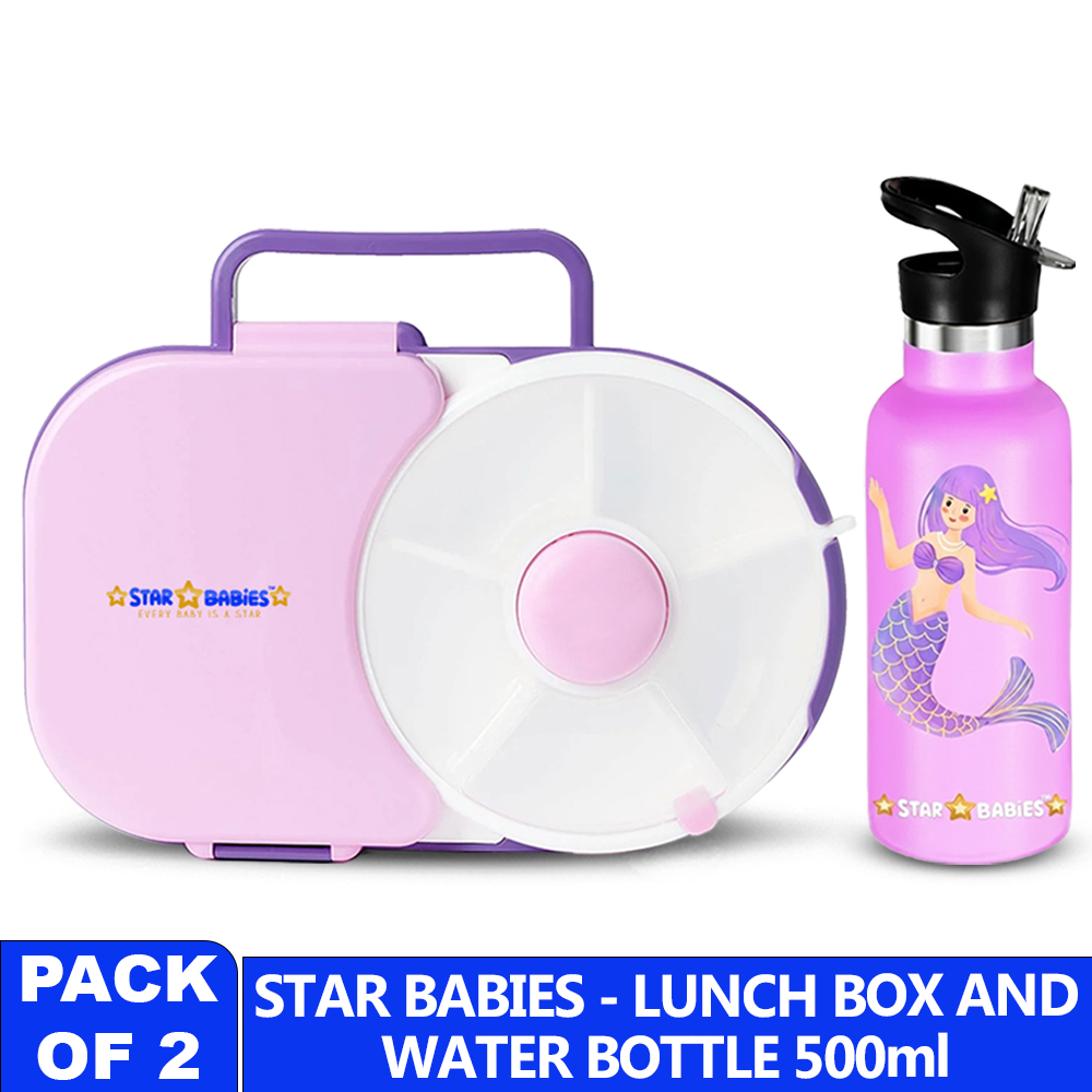 Star Babies - 8 Compartment Spinner Lunch Box And Mermaid Water Bottle - Purple - 500 ml