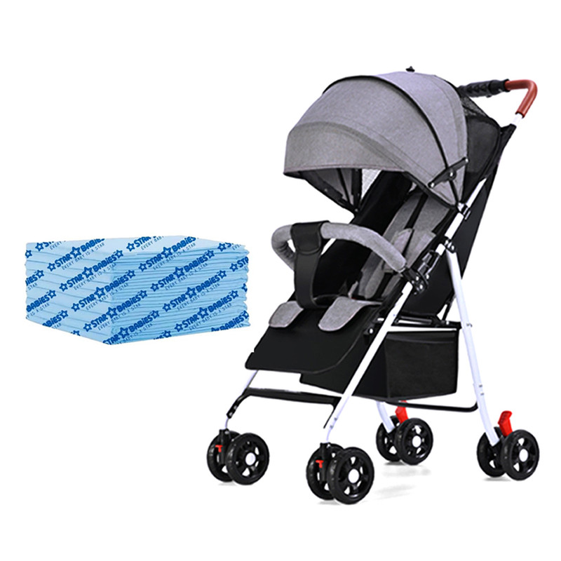 Star Babies Lightweight Compact Fold Stroller With Free 25-Pc Disposable Changing Mat - Grey/Blue