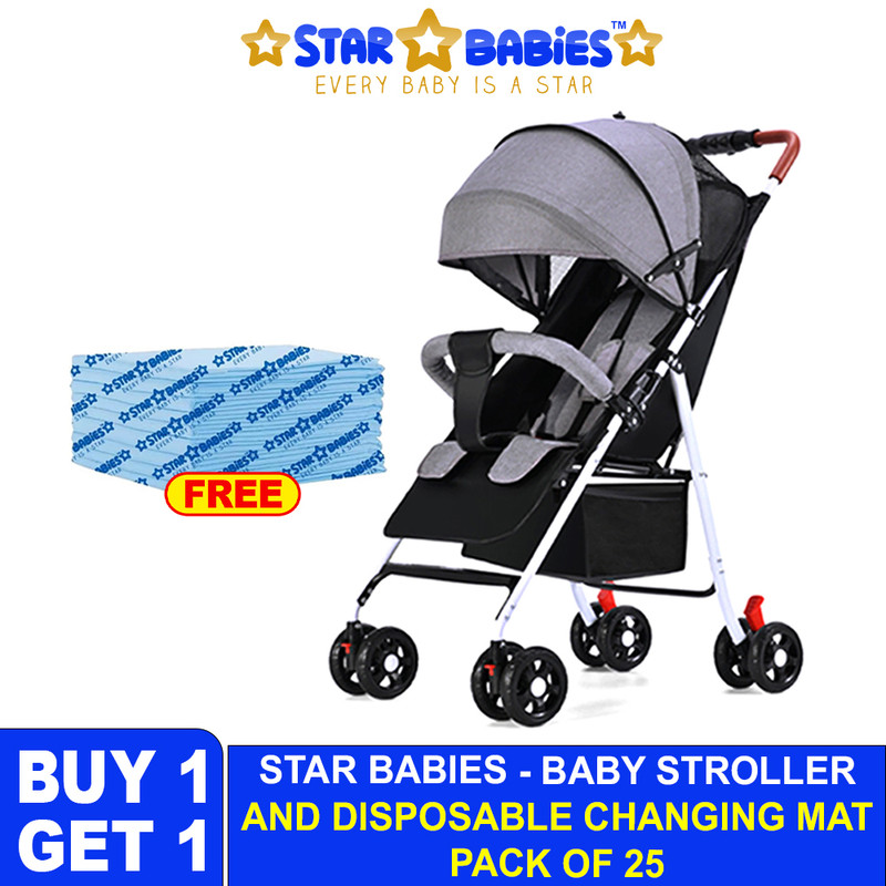 Star Babies Lightweight Compact Fold Stroller With Free 25-Pc Disposable Changing Mat - Grey/Blue