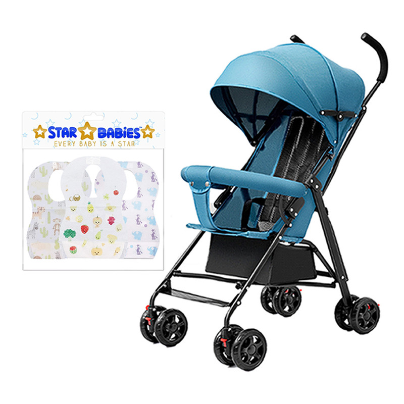 Star Babies Lightweight Compact Fold Stroller With Free 25-Pc Disposable Bibs - Blue