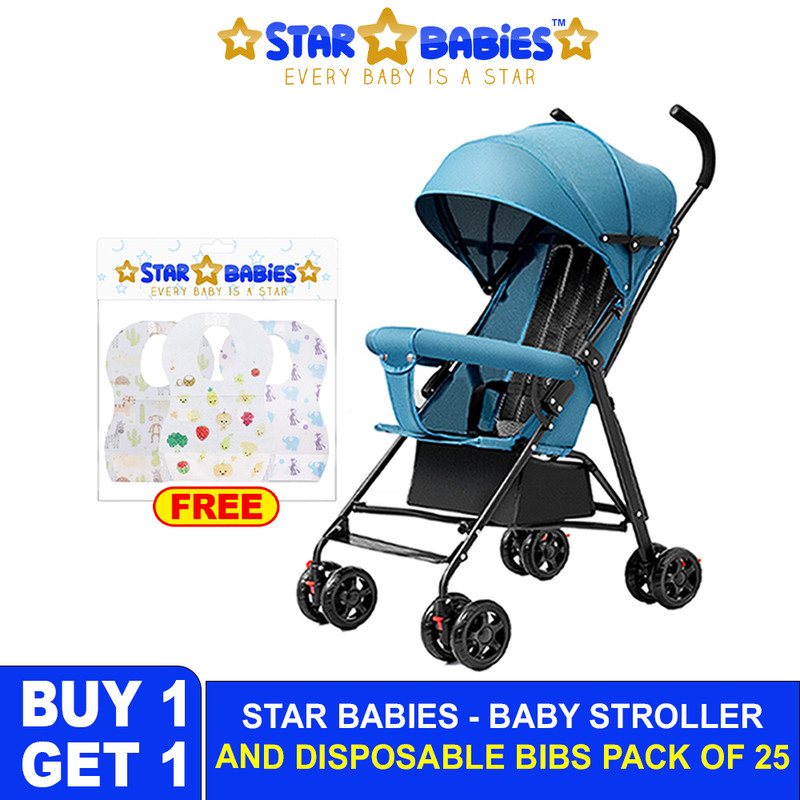 Star Babies Lightweight Compact Fold Stroller With Free 25-Pc Disposable Bibs - Blue