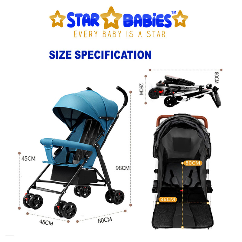 Star Babies Lightweight Compact Fold Stroller With Free 25-Pc Disposable Bibs - Blue