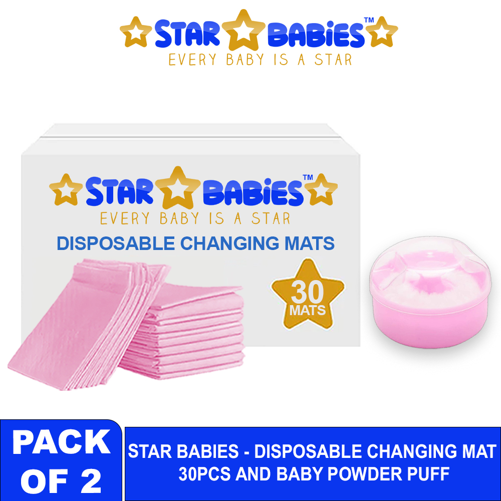 Star Babies - Disposable Changing Pads With Kids Powder Puff And Container Case 30Pc Set - Pink