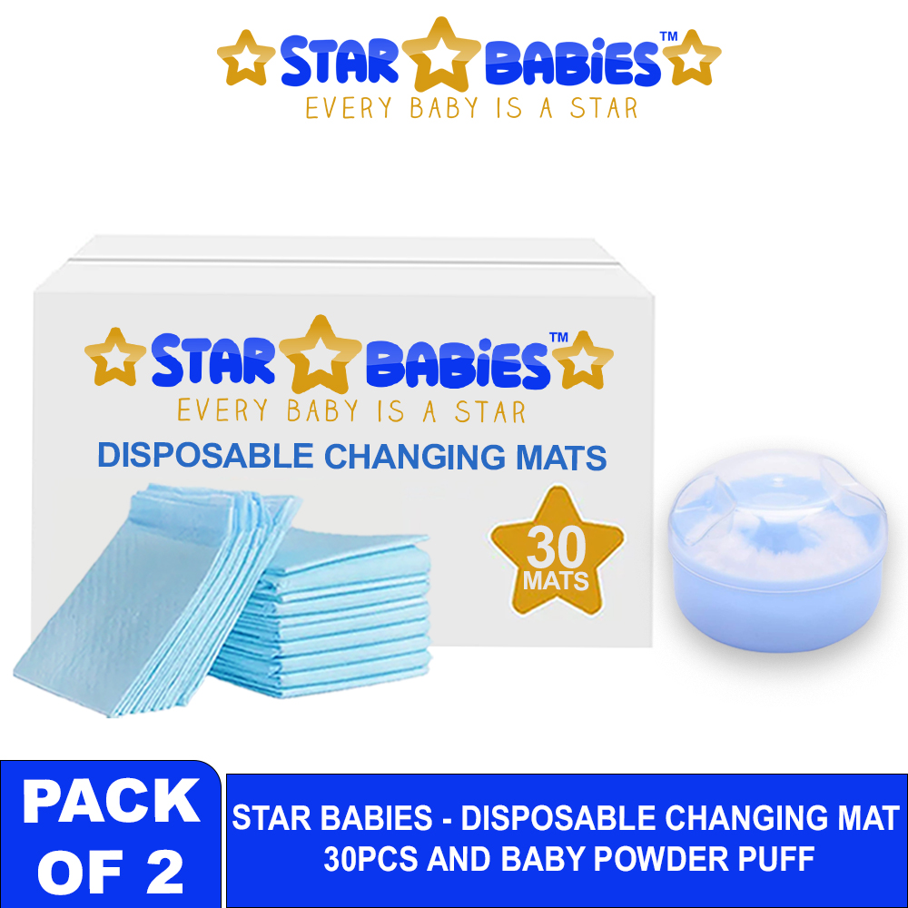 Star Babies - Disposable Changing Pads With Kids Powder Puff And Container Case 30Pcs - Blue