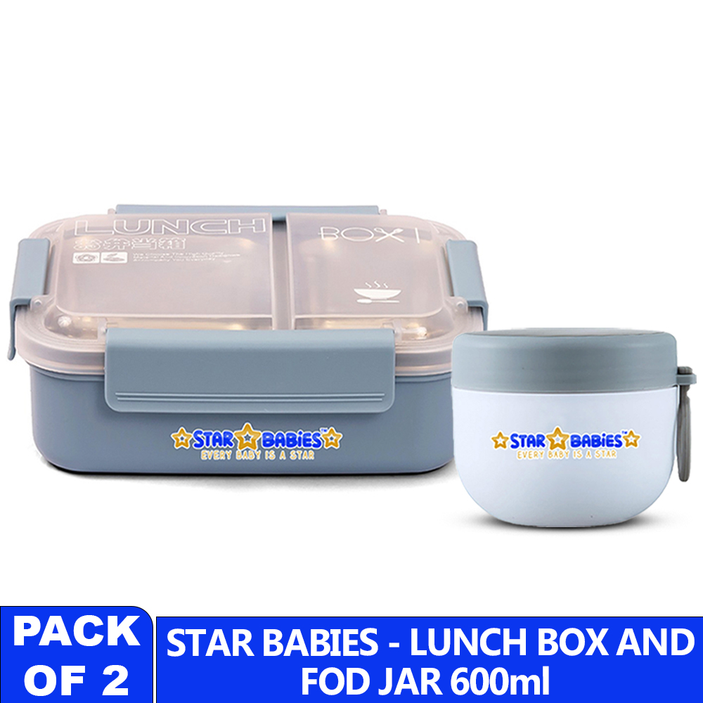 Star Babies - 2 Compartment Lunch Box With Food Jar - Blue - 600 ml