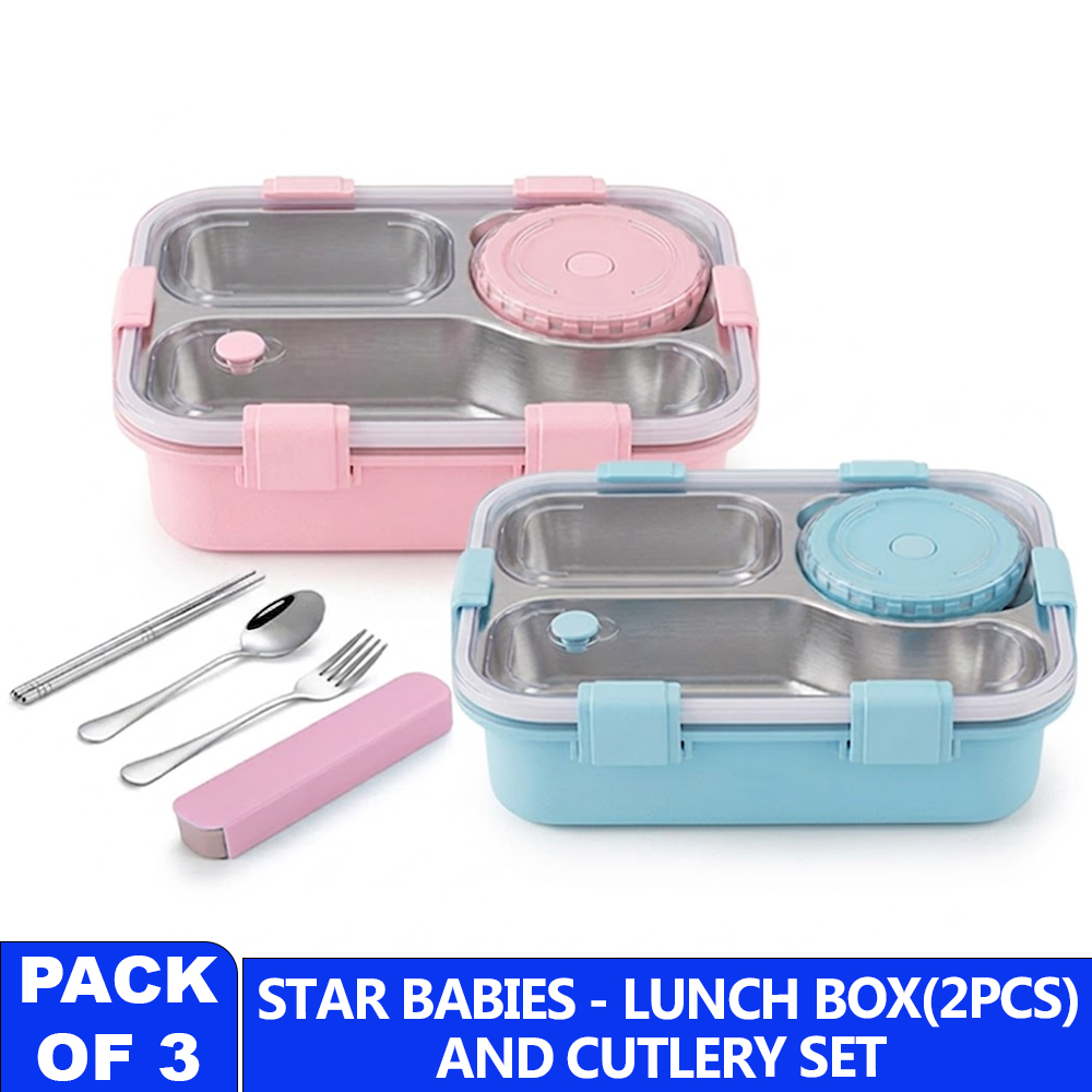 Star Babies - 3 Compartment Lunch Box With Sauce Bowls & Cutlery Set - 3 Pcs Set