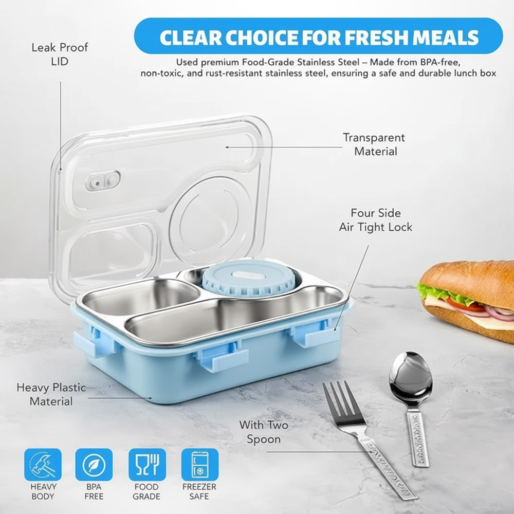 Star Babies - 3 Compartment Lunch Box With Sauce Bowls & Cutlery Set - 3 Pcs Set