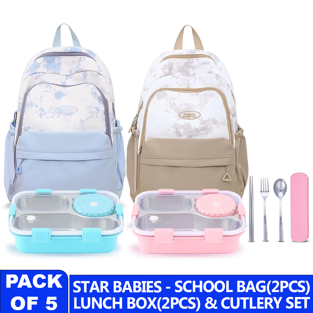 Star Babies - Premium School Bag With Lunch Boxes & Cutlery Set - 18-Inch - Pack Of 5