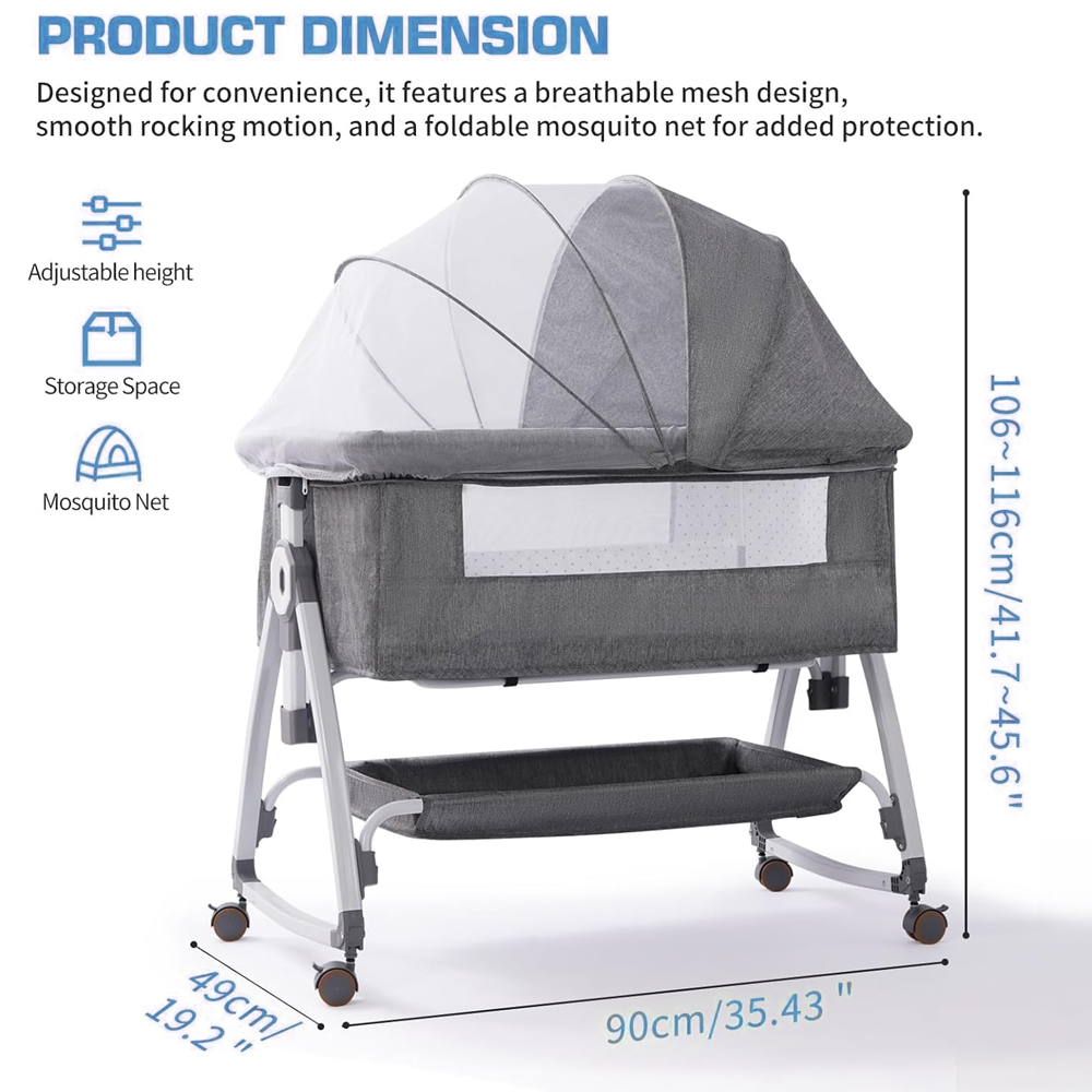 Star Babies - Bedside Sleeper & Crib 2-In-1 Rocking Bed With Mattress - Grey