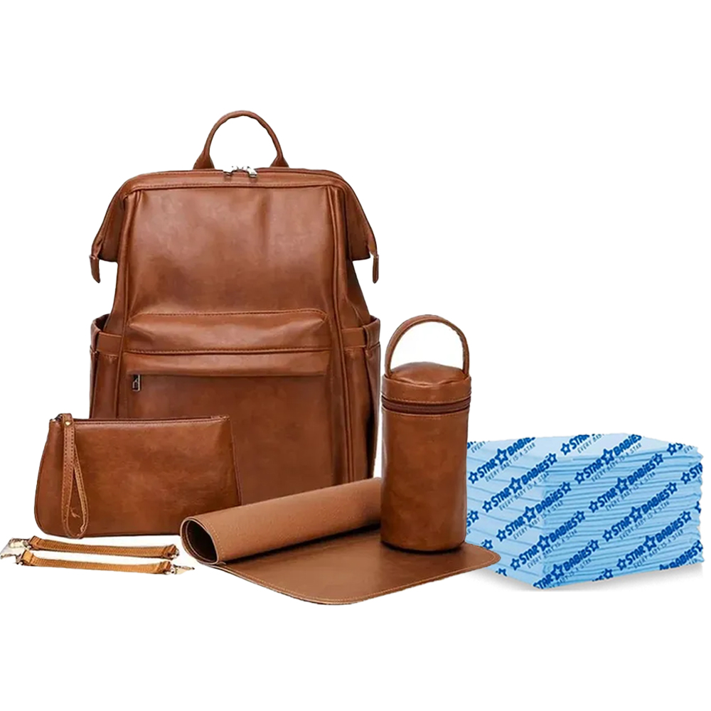 Star Babies - PU Leather Diaper Bag Set - 6 Pcs With Disposable Changing Mat - 25pcs - Blue - 60 x 60 cm