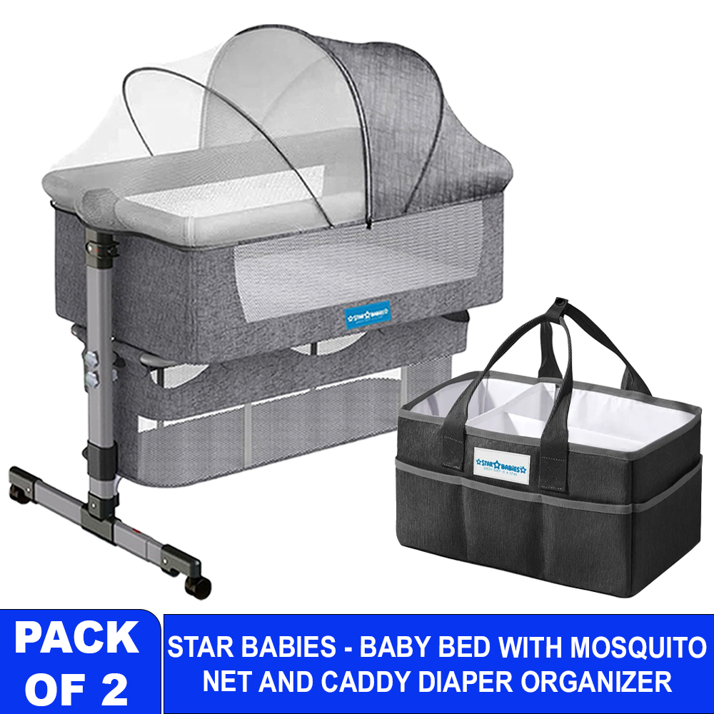 Star Babies - Baby Bedside Crib With Caddy Diaper Organizer - Black/Grey - Pack Of 2