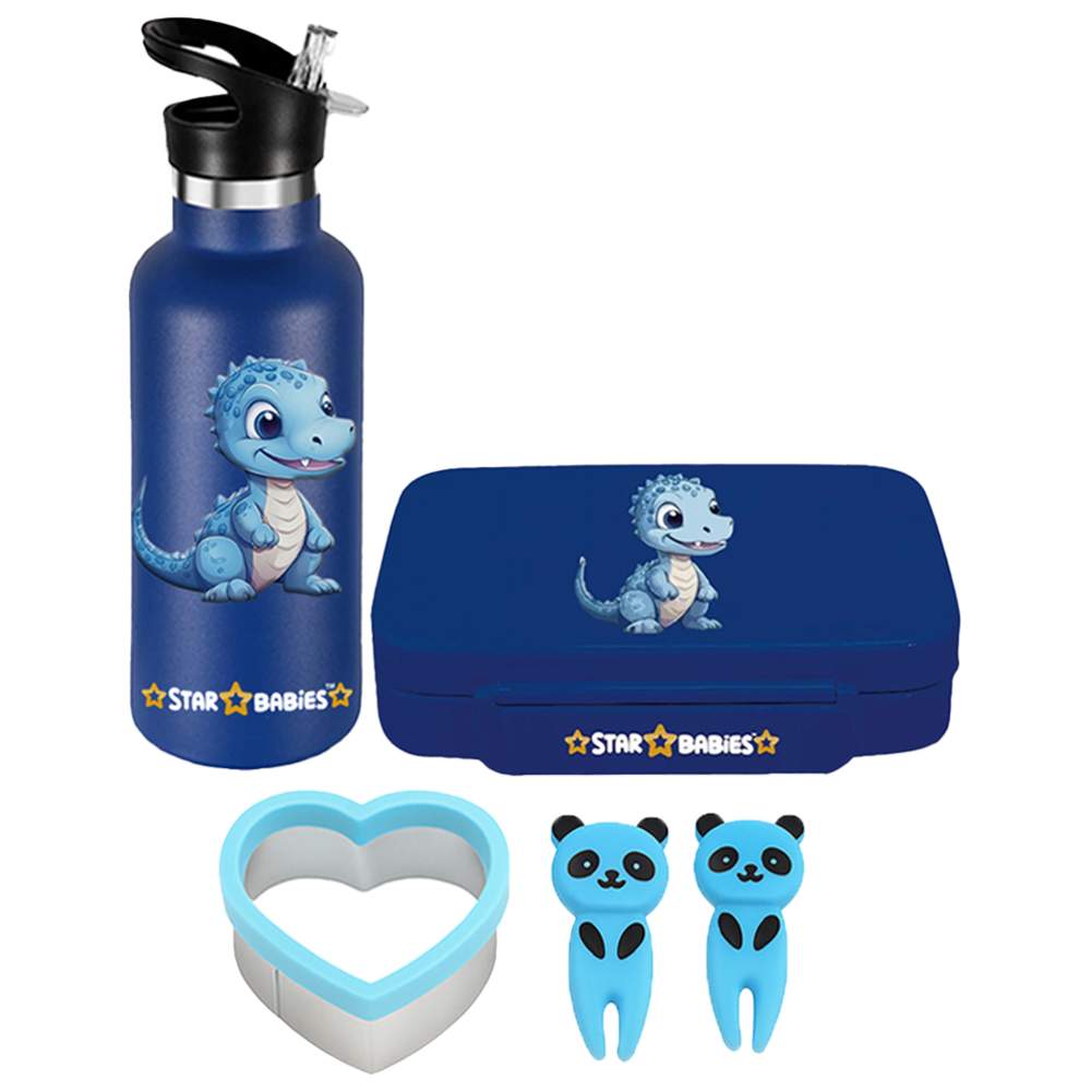 Star Babies - Bento Lunch Box With 4 Compartments & Stainless Steel Water Bottle - Dino - 500 ml with Free Sandwich Cutter, Fruits Picks
