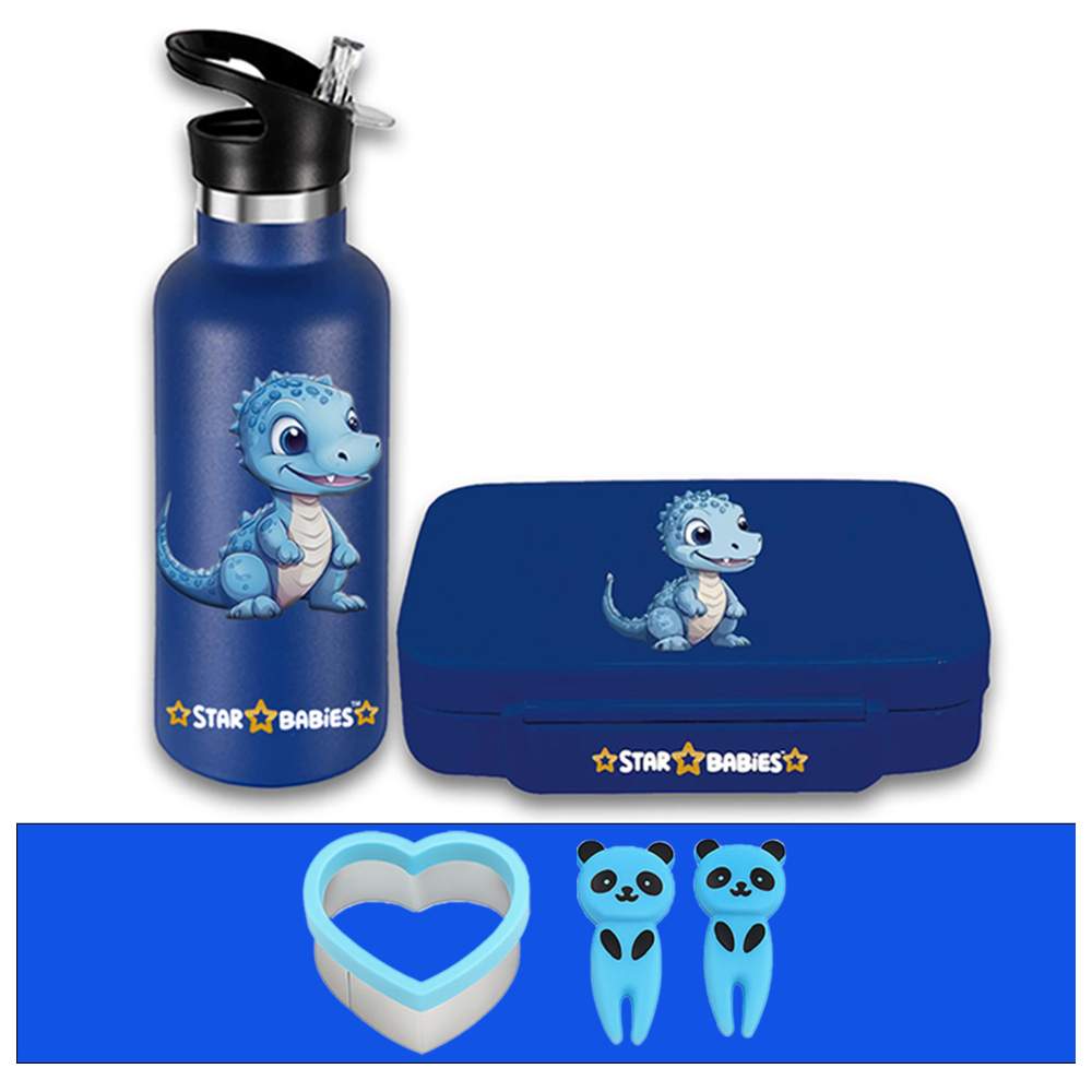 Star Babies - Bento Lunch Box With 4 Compartments & Stainless Steel Water Bottle - Dino - 500 ml with Free Sandwich Cutter, Fruits Picks