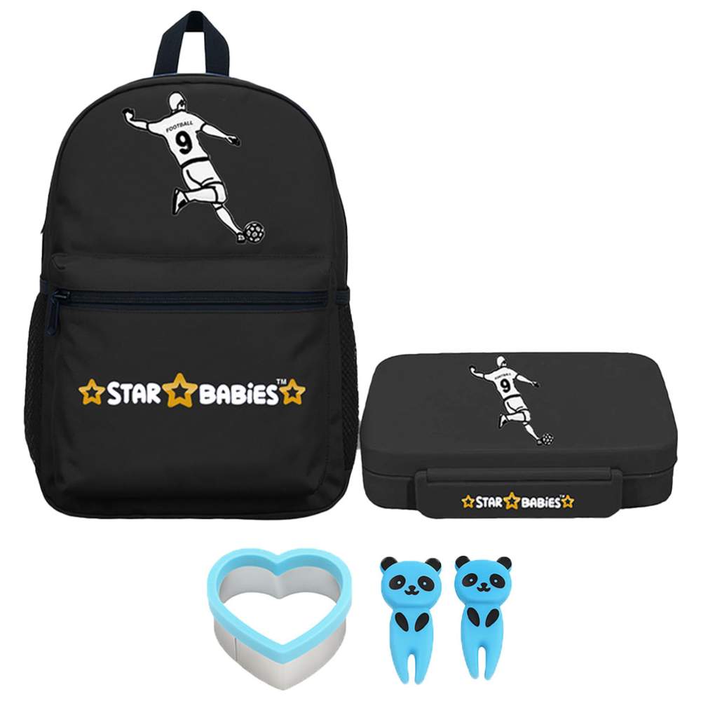 Star Babies - School Backpack & Bento Lunch Box Set - Football - 2 Pcs with Free Sandwich Cutter, Fruits Picks