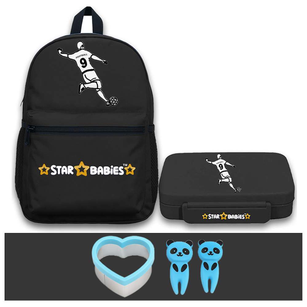 Star Babies - School Backpack & Bento Lunch Box Set - Football - 2 Pcs with Free Sandwich Cutter, Fruits Picks