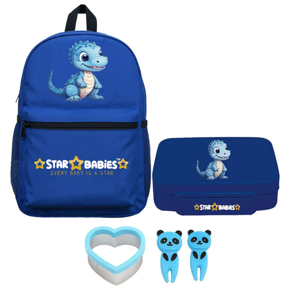 Star Babies - School Backpack & Bento Lunch Box Set - Dino - 2 Pcs with Free Sandwich cutter, Fruits Picks