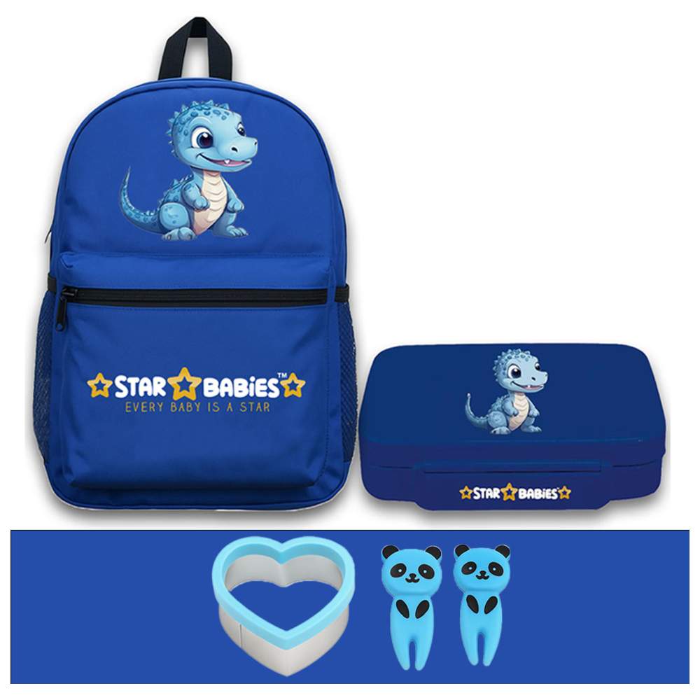 Star Babies - School Backpack & Bento Lunch Box Set - Dino - 2 Pcs with Free Sandwich cutter, Fruits Picks
