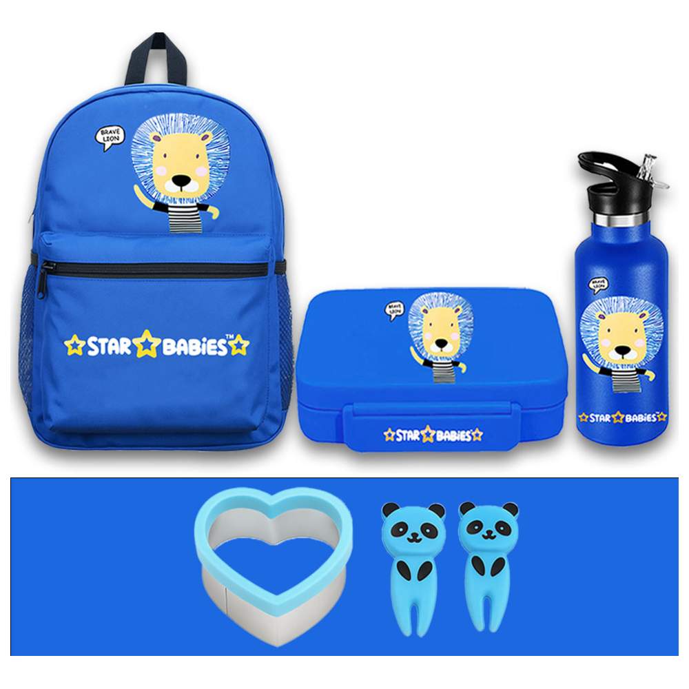 Star Babies - Backpack, Stainless Steel Water Bottle & Bento Lunch Box Set - Brave Lion - 3 Pcs with Free Fruits Picks, Sandwich Cutter