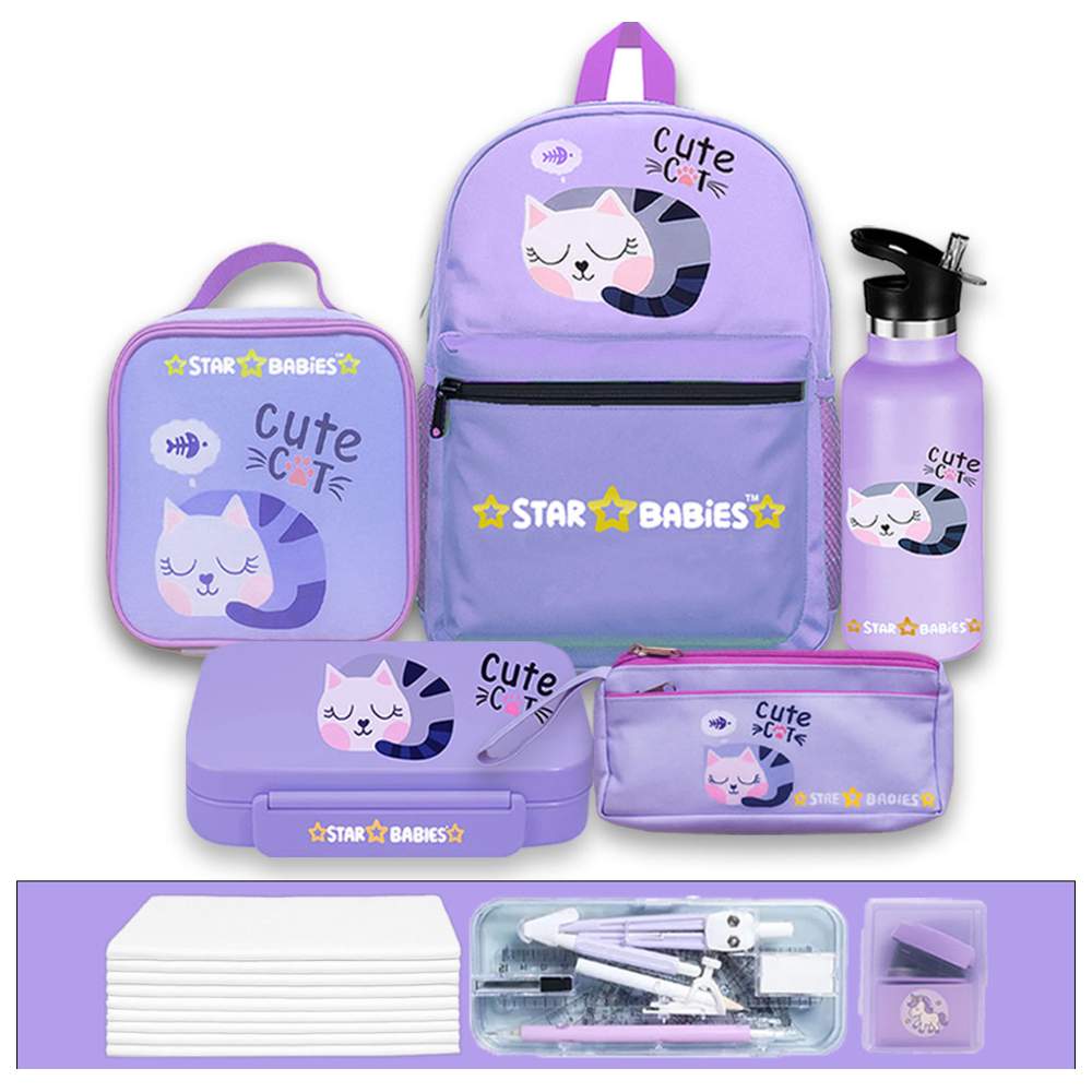 Star Babies - Backpack, Water Bottle, Lunch Bag & Box With Pencil Case Set - Cute Cat - 5 Pcs with Free Geometry Set, Stapler, Disposable Towel 10pcs