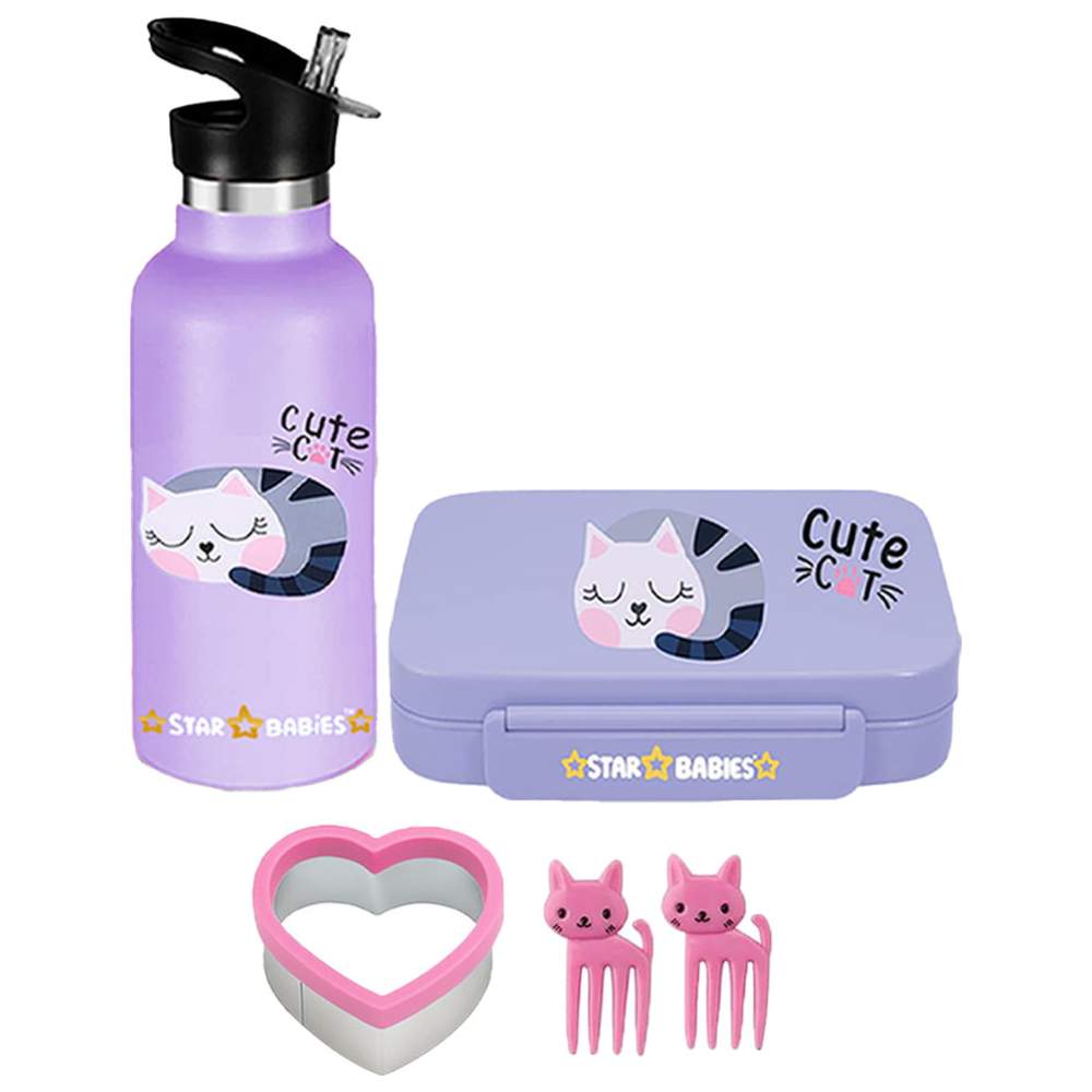 Star Babies - Cute Cat Lunch Box & Water Bottle - 500ml with Free Sandwich Cutter, Fruits Picks