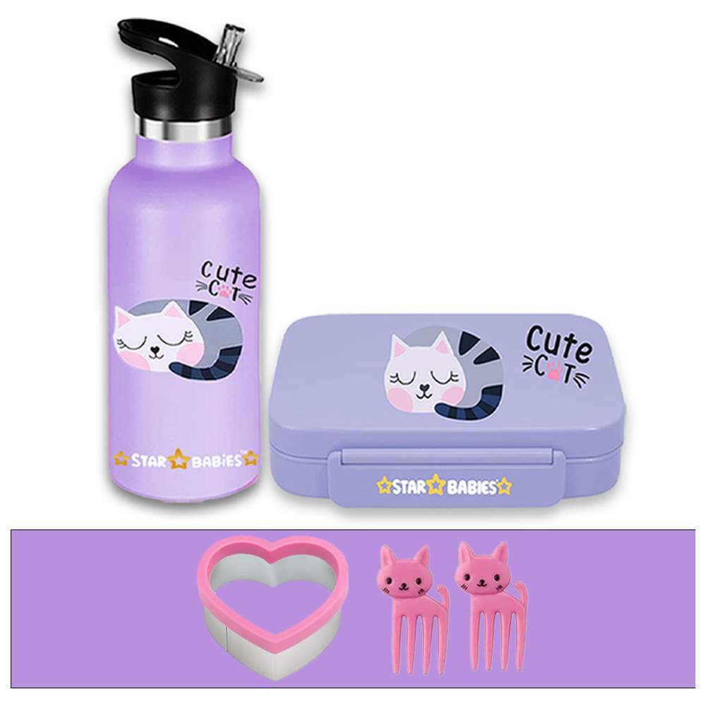 Star Babies - Cute Cat Lunch Box & Water Bottle - 500ml with Free Sandwich Cutter, Fruits Picks