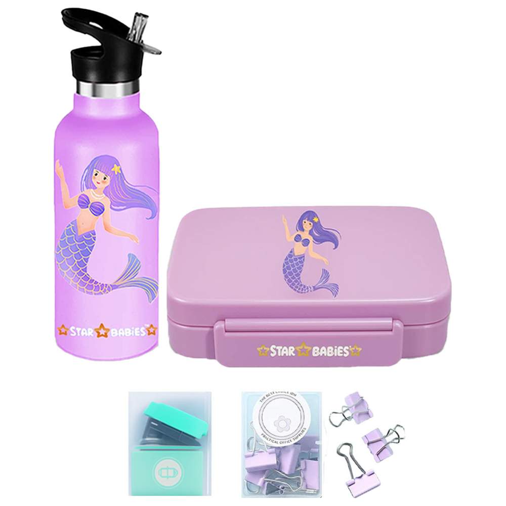 Star Babies - Mermaid Lunch Box & Water Bottle - 500ml with Free Stapler, Binder Clip