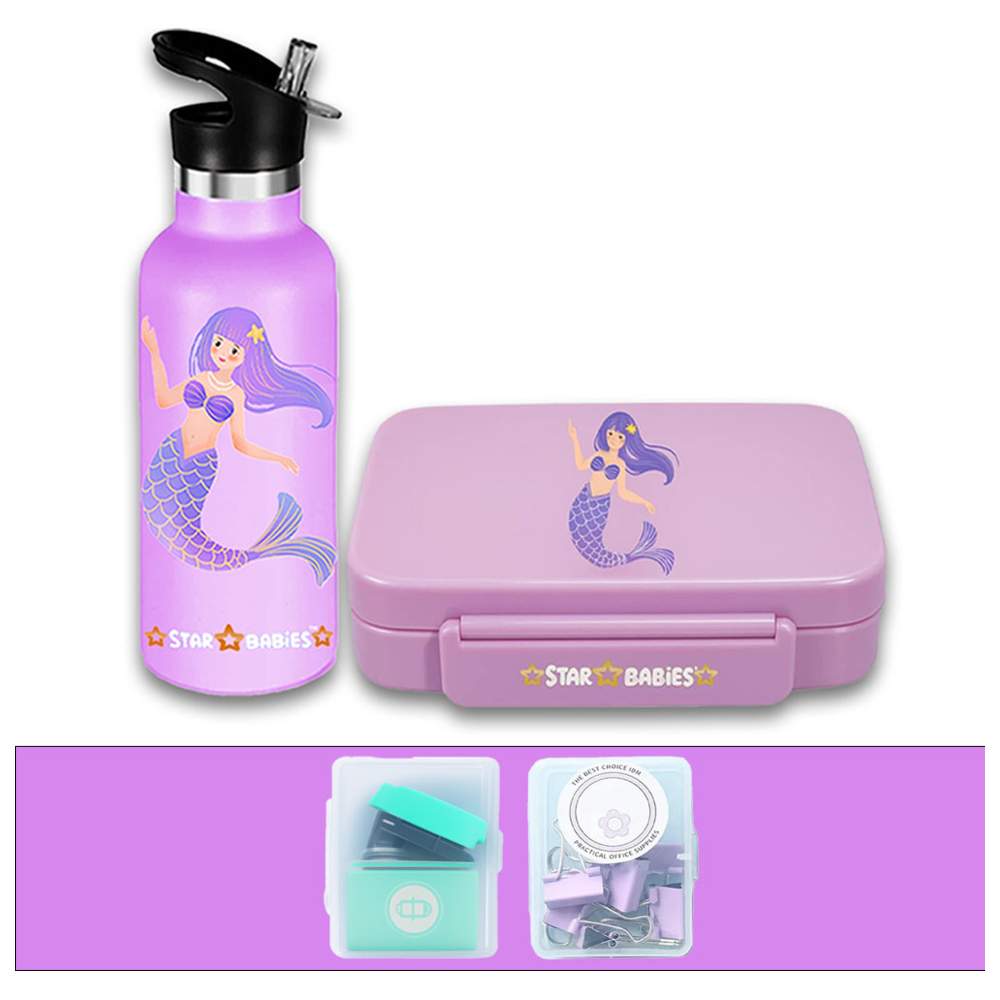 Star Babies - Mermaid Lunch Box & Water Bottle - 500ml with Free Stapler, Binder Clip