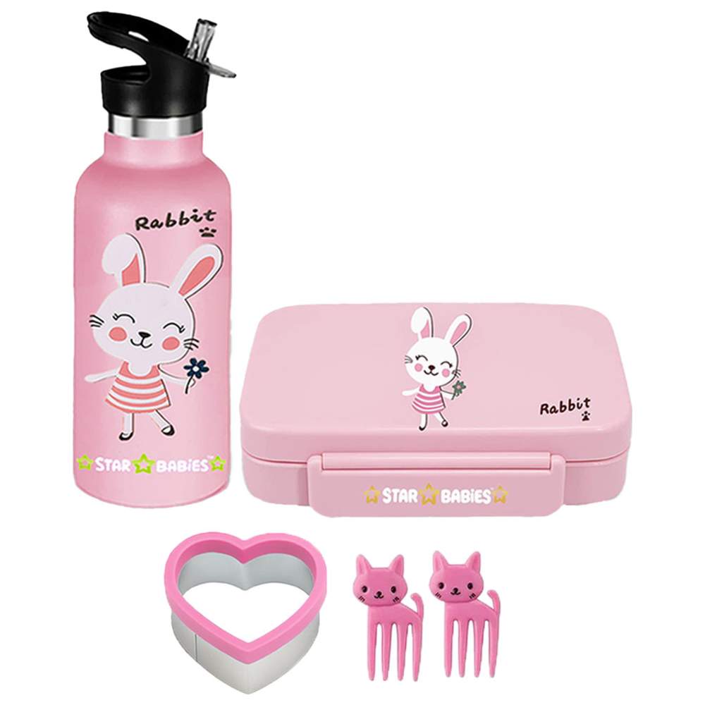 Star Babies - Bento Lunch Box With 4 Compartments & Stainless Steel Water Bottle - Rabbit - 500 ml with Free Sandwich Cutter, Fruits Picks