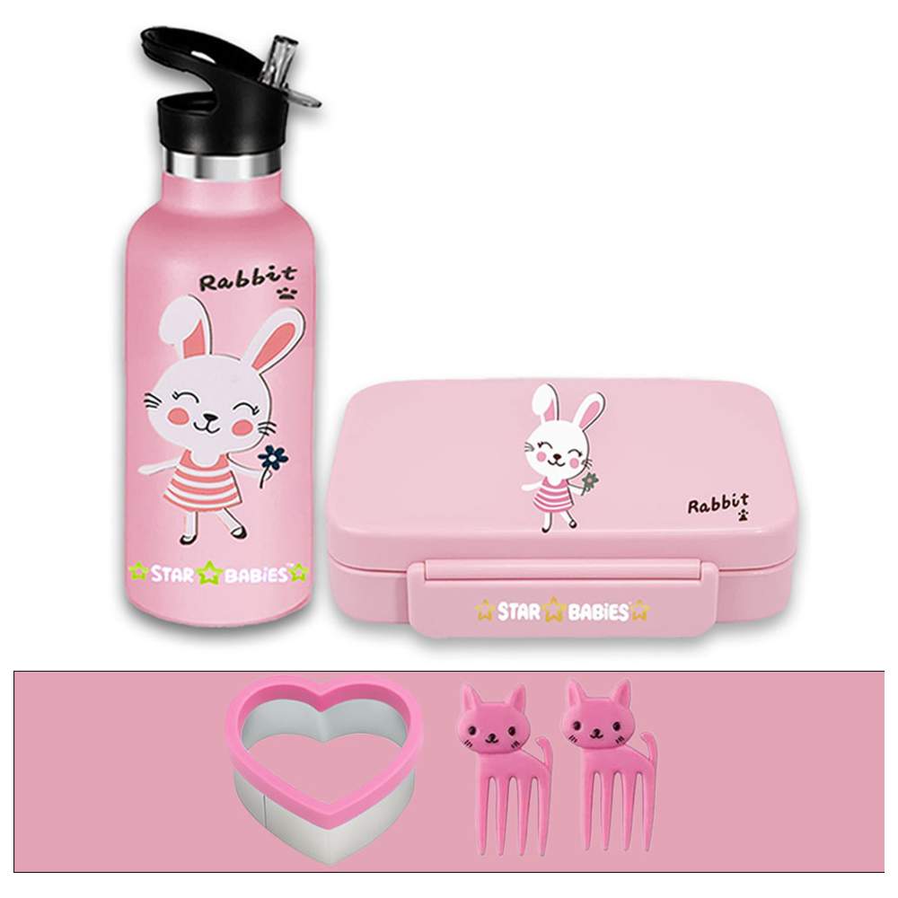 Star Babies - Bento Lunch Box With 4 Compartments & Stainless Steel Water Bottle - Rabbit - 500 ml with Free Sandwich Cutter, Fruits Picks