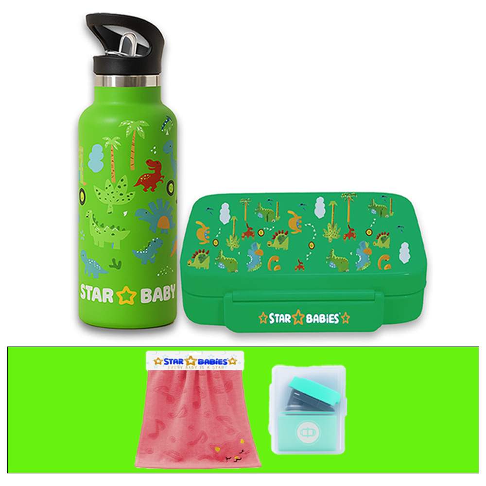 Star Babies - Bento Lunch Box With 4 Compartments & Stainless Steel Water Bottle - Jungle - 500 ml with Free Face towel, Stapler
