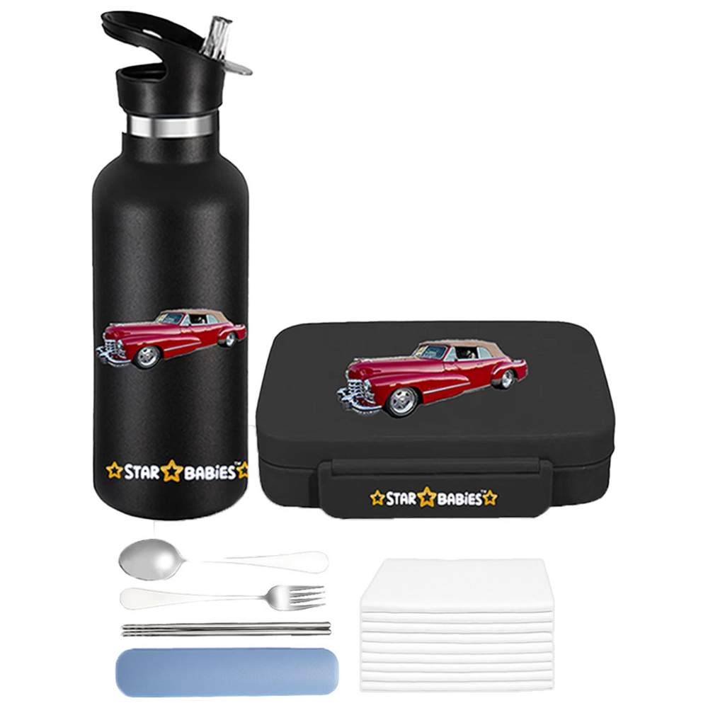 Star Babies - Bento Lunch Box With 4 Compartments & Stainless Steel Water Bottle - Retro Car - 500 ml with Free Disposable Towel 10pcs, Spoon & fork Set