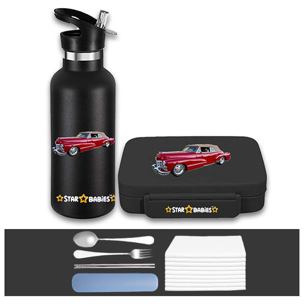 Star Babies - Bento Lunch Box With 4 Compartments & Stainless Steel Water Bottle - Retro Car - 500 ml with Free Disposable Towel 10pcs, Spoon & fork Set