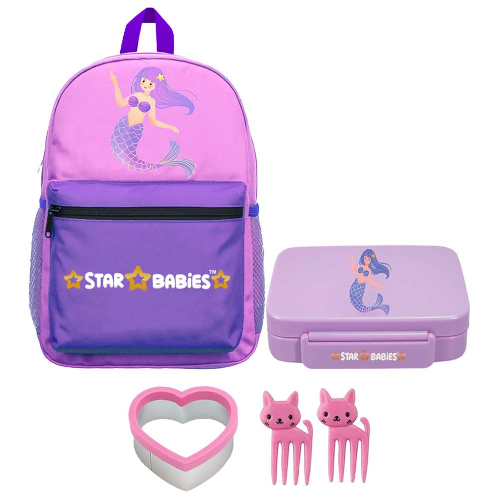 Star Babies - School Backpack & Bento Lunch Box Set - Little Mermaid - 2 Pcs with Free Sandwich cutter, Fruits Picks