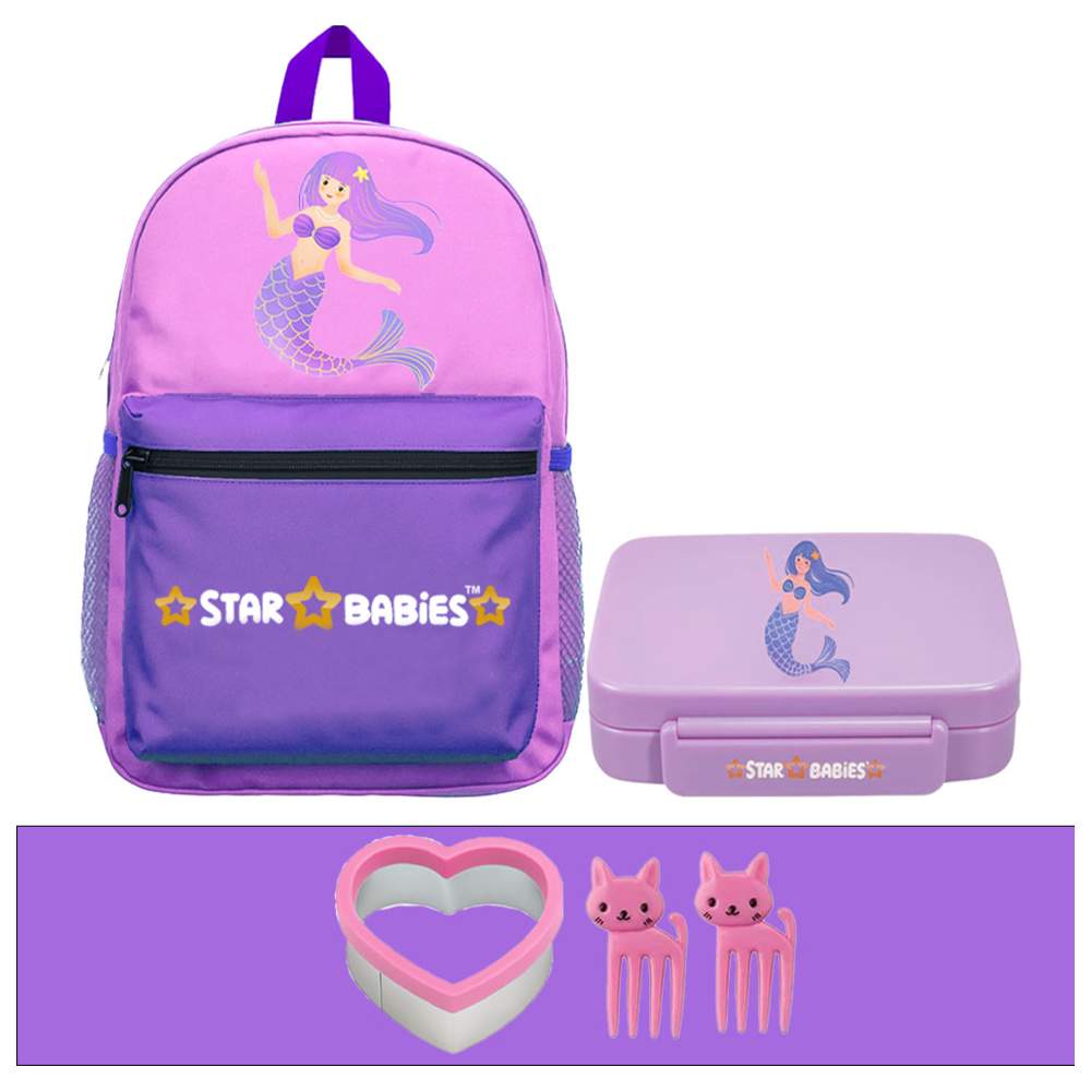 Star Babies - School Backpack & Bento Lunch Box Set - Little Mermaid - 2 Pcs with Free Sandwich cutter, Fruits Picks
