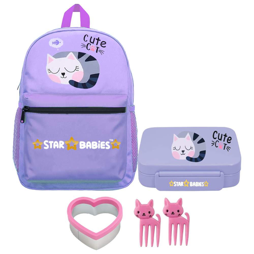 Star Babies - School Backpack & Bento Lunch Box Set - Cute Cat - 2 Pcs with Free Sandwich Cutter, Fruits Picks