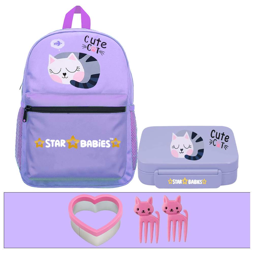 Star Babies - School Backpack & Bento Lunch Box Set - Cute Cat - 2 Pcs with Free Sandwich Cutter, Fruits Picks
