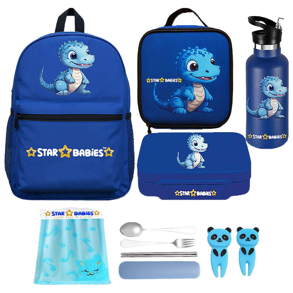 Star Babies - School Backpack, Water Bottle, With Insulated Lunch Bag & Box Set - Dino - 4 Pcs with Free Dispsoable towel 10pcs, Spoon & fork Set, Fruits picks 2pcs