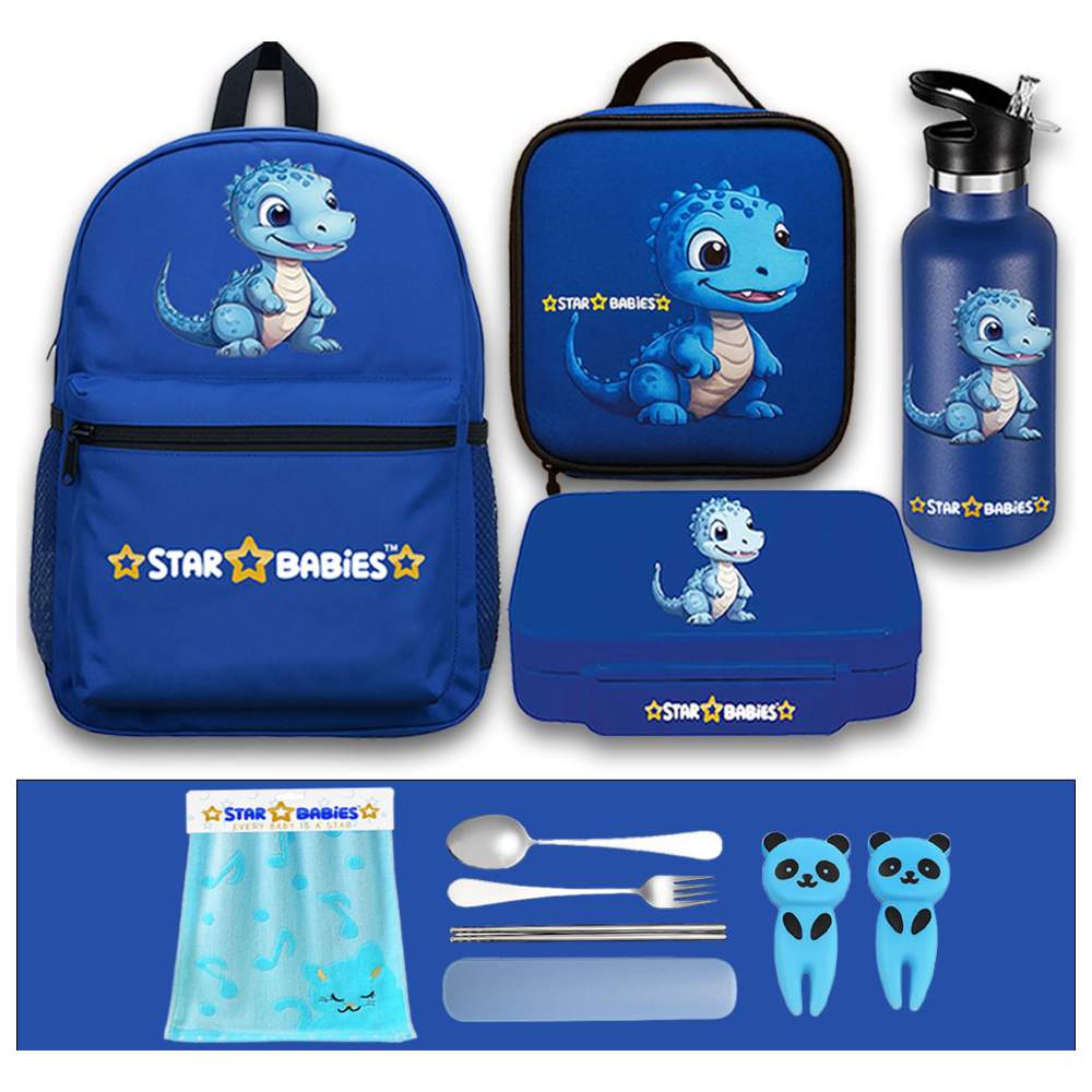 Star Babies - School Backpack, Water Bottle, With Insulated Lunch Bag & Box Set - Dino - 4 Pcs with Free Dispsoable towel 10pcs, Spoon & fork Set, Fruits picks 2pcs