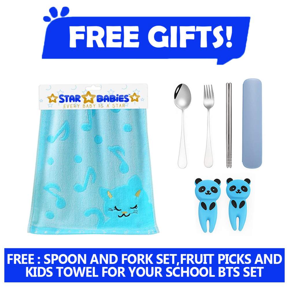 Star Babies - School Backpack, Water Bottle, With Insulated Lunch Bag & Box Set - Dino - 4 Pcs with Free Dispsoable towel 10pcs, Spoon & fork Set, Fruits picks 2pcs