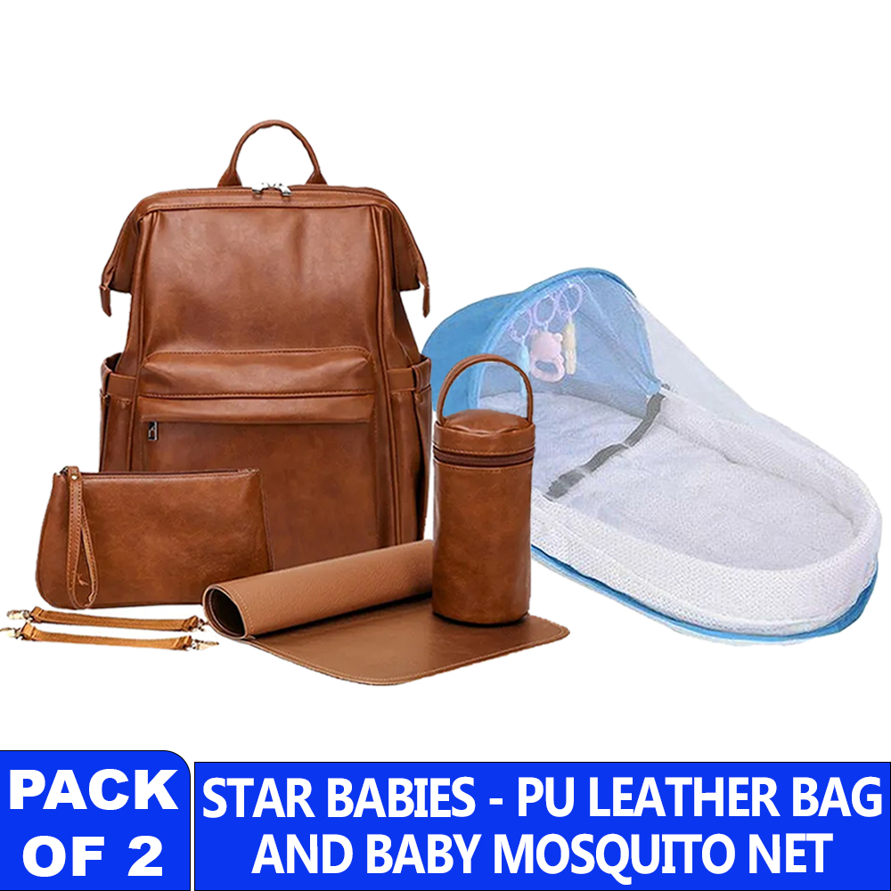 Star Babies - Leather Bag Set - 5 Pcs With Mosquito Net - Multicolor