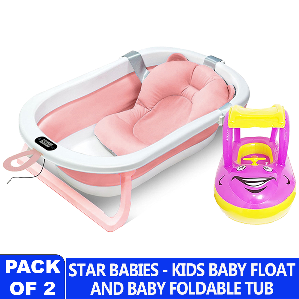 Star Babies - Baby Foldable Bath Tub With Bathmat Cushion - Thermometer And Baby Float Pink