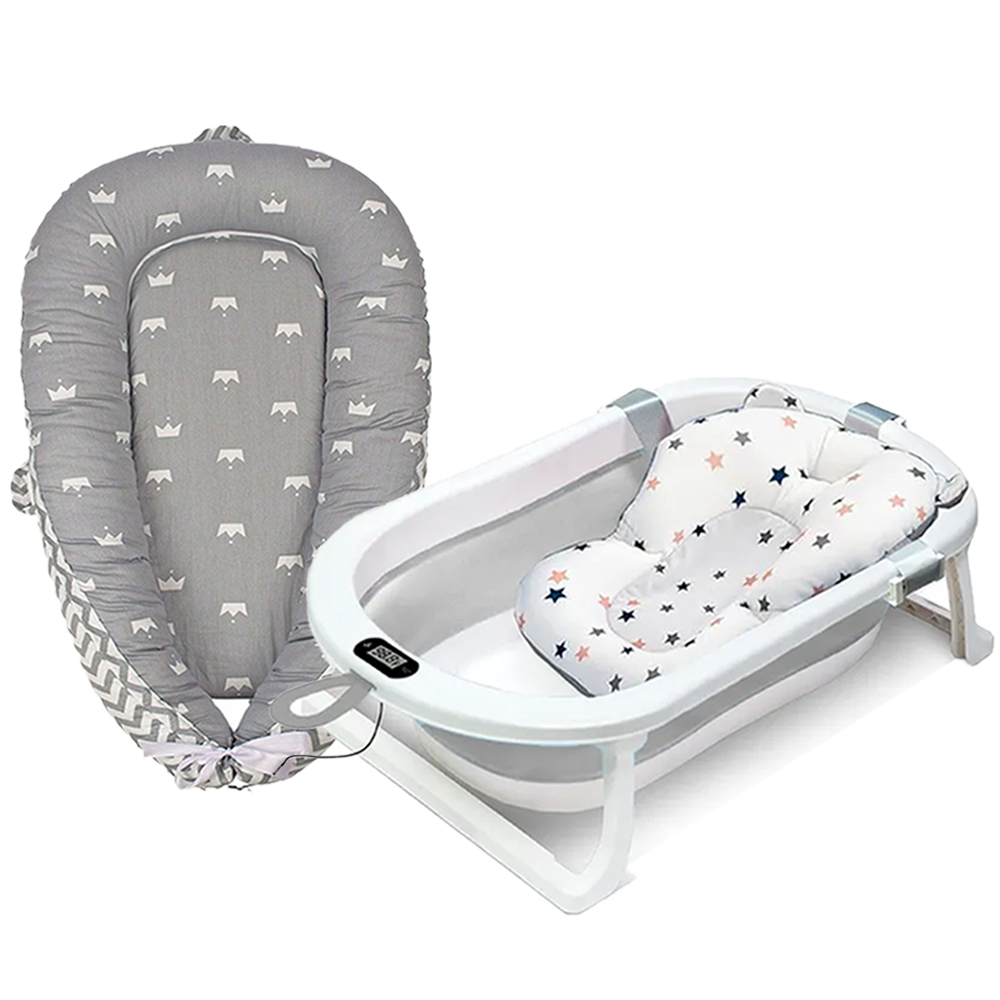 Star Babies Portable Lounger Sleeping Pod - Grey Stripe With Foldable Bathtub - Grey