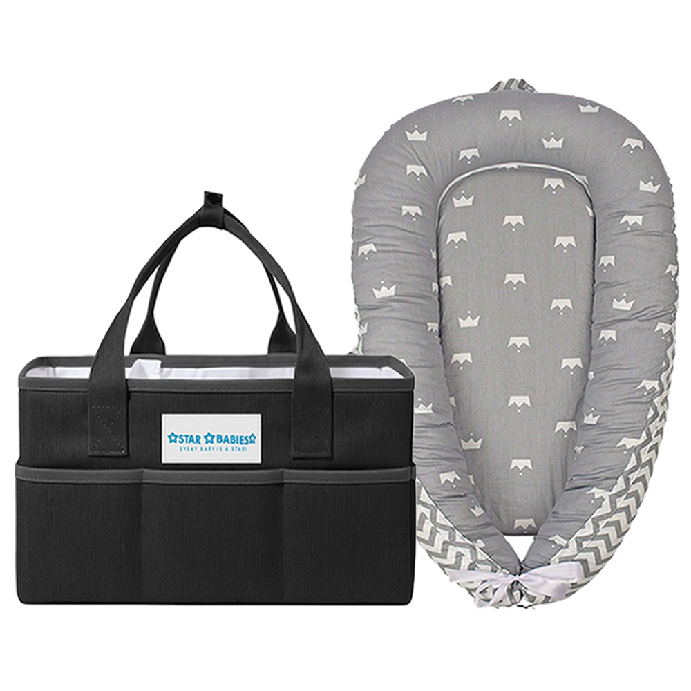 Star Babies - Portable Lounger Sleeping Pod - Grey Stripe With Diaper Caddy Organizer