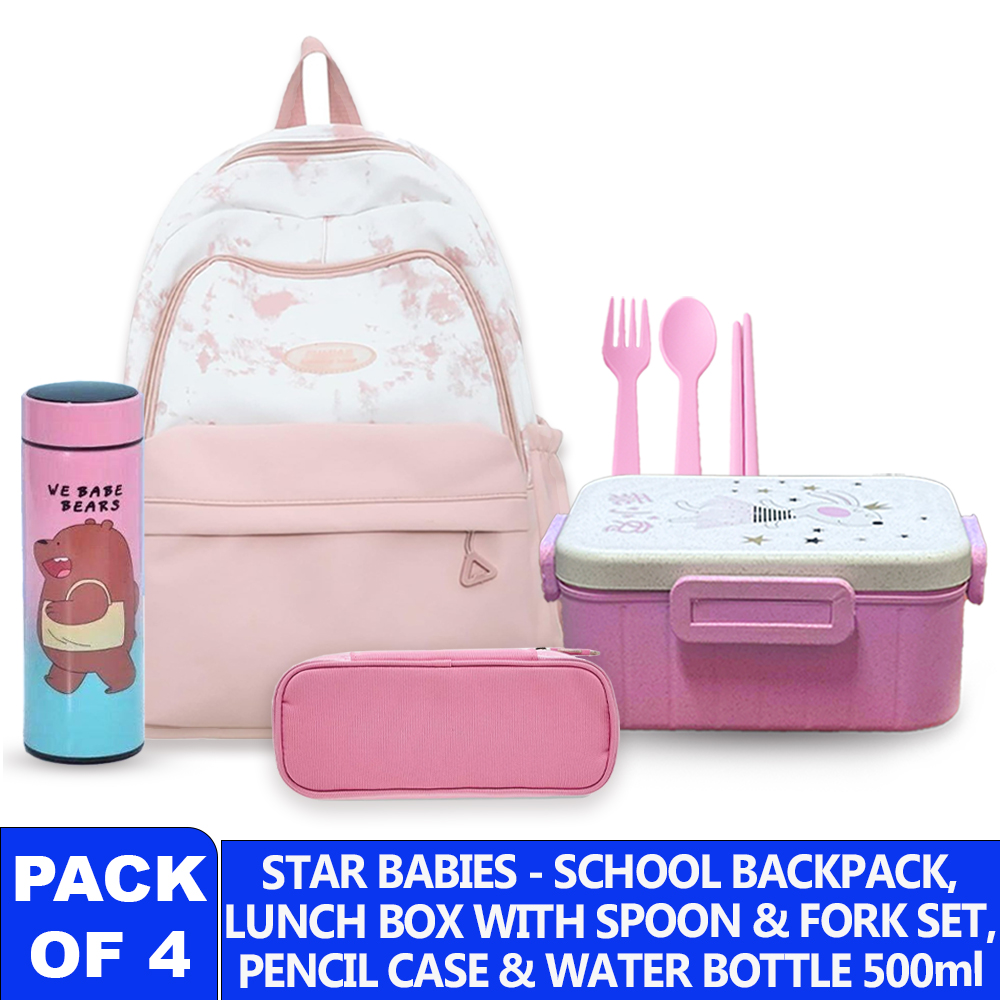Star Babies - Set of 4 Combo - Kids School Bag with Lunch Box, Pencil Case & Water Bottle