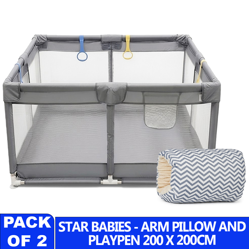Star Babies - Baby Playpen With 4 Pull-Up Rings & Breastfeeding Arm Pillow Set - Grey - 2 Pcs
